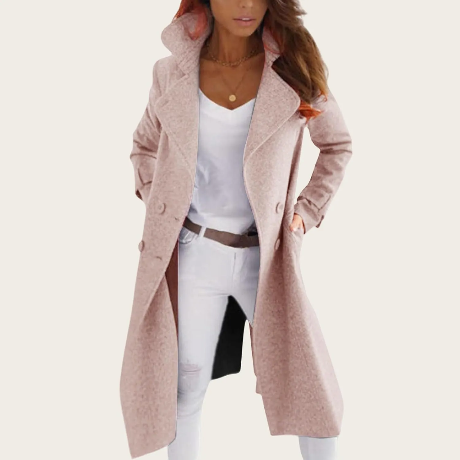 Womens Wool Blend Pea Coat Double Breast Notch Lapel Trench Coat Casual Loose Long Overcoat