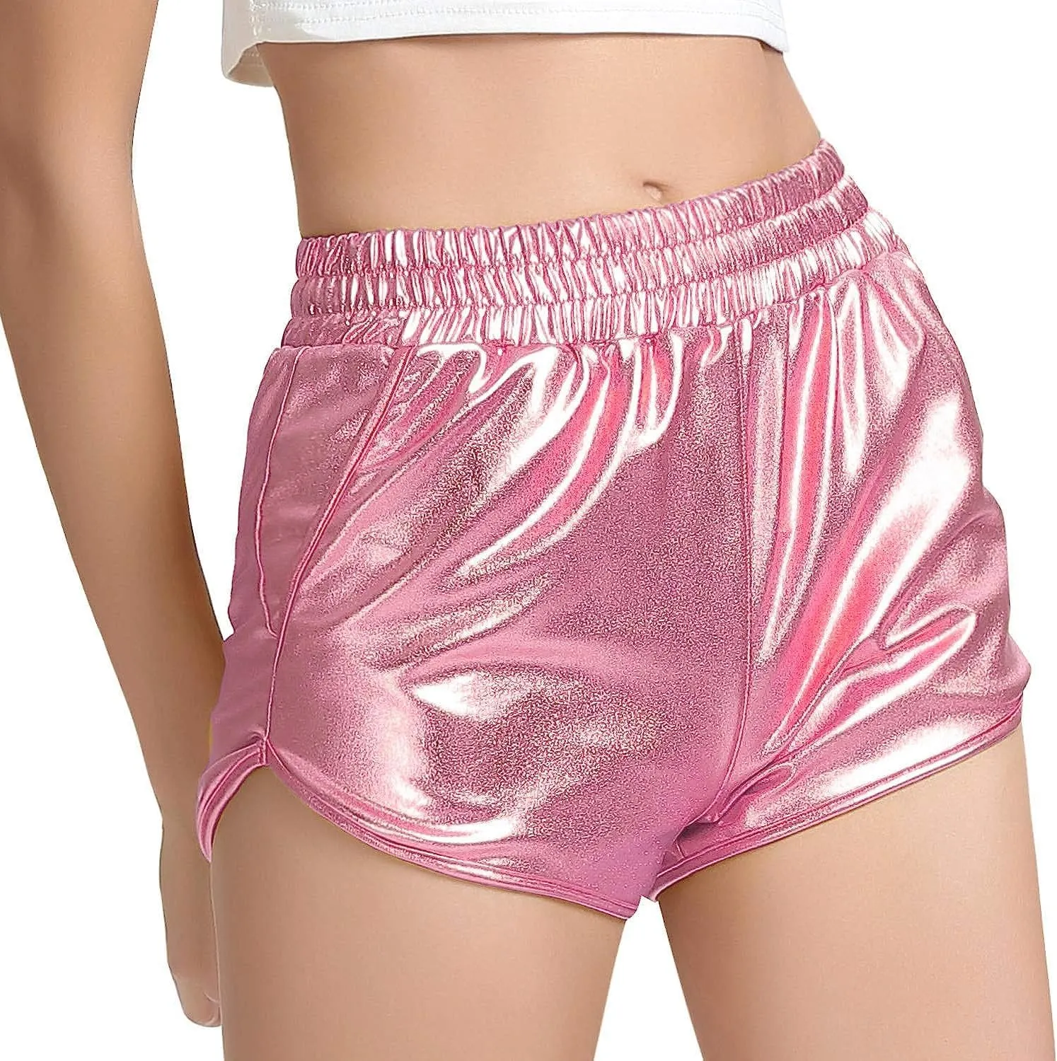 Women's Yoga Hot Shorts Elastic Waist Shiny Metallic Short Pants