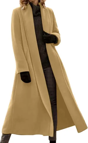 Wool Blend Coat Women Womens Long Winter Pea Coat Casual Wool Blend Overcoat Notched Lapel Collar Trench Coat Belted Long Jacket Outerwear Khaki 3X-Large
