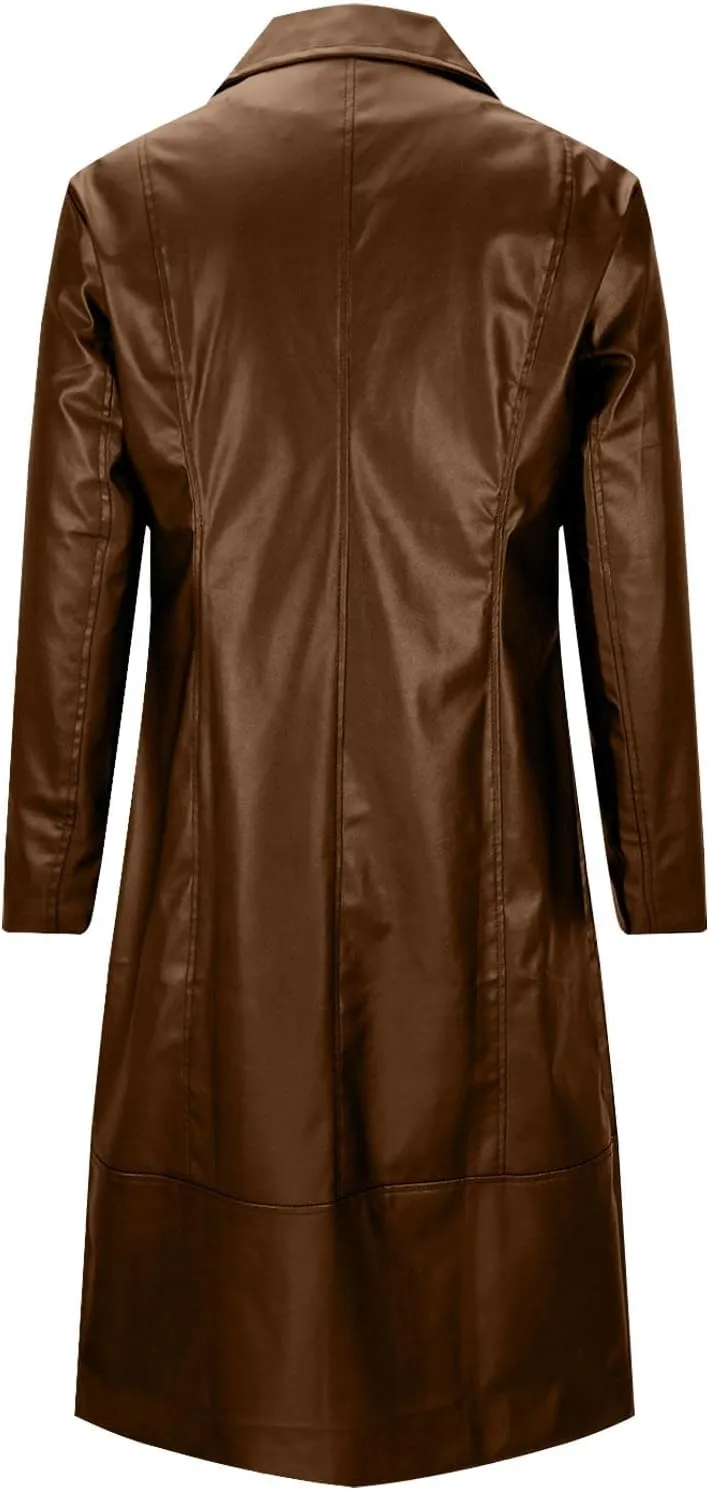 Xiaojmake Men's Black Leather Trench Coat Full Length Classic German Coat Double Breasted Pea Coats Long Duster Overcoat