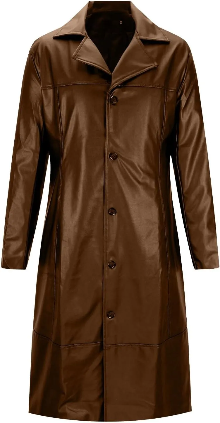 Xiaojmake Men's Black Leather Trench Coat Full Length Classic German Coat Double Breasted Pea Coats Long Duster Overcoat