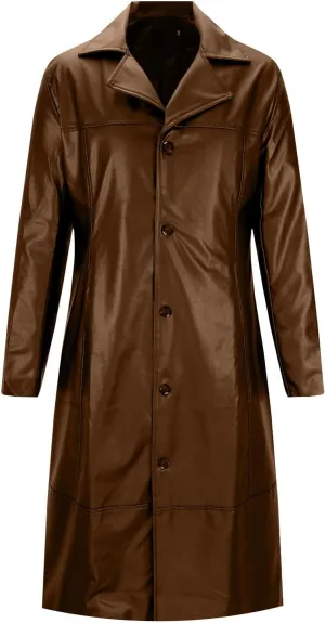 Xiaojmake Men's Black Leather Trench Coat Full Length Classic German Coat Double Breasted Pea Coats Long Duster Overcoat
