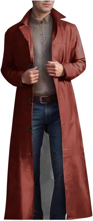 Xiaojmake Mens Long Leather Jacket Faux Leather Coat Full Length Leather Trench Coat Steampunk Gothic Overcoat Military Coat