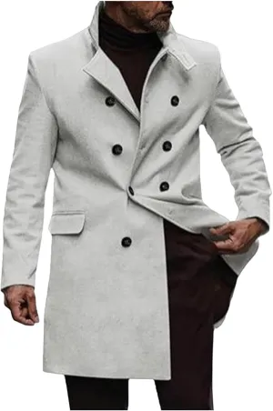 XUNRYAN Mens Double Breasted Trench Coat Notch Lapel Peacoat Mid Long Winter Classic Overcoat Fall Fashion Outerwear Pockets