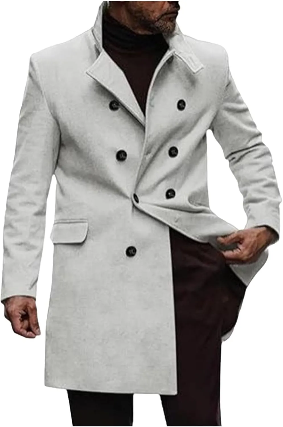 XUNRYAN Mens Double Breasted Trench Coat Notch Lapel Peacoat Mid Long Winter Classic Overcoat Fall Fashion Outerwear Pockets