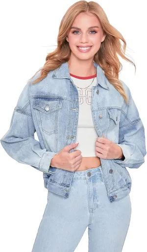YMI Womens Junior 80's Denim Oversized Jacket, Light Denim, Medium US