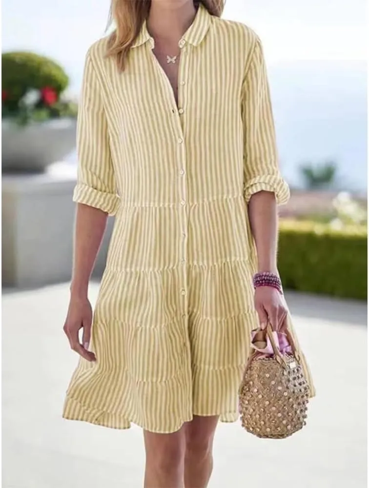 ZOCAVIA Women's Striped Shirt Dress Plus Size Long Sleeve Lapel Button Down Shirt Dress Flowy A-Line Midi Dresses Beach Dress